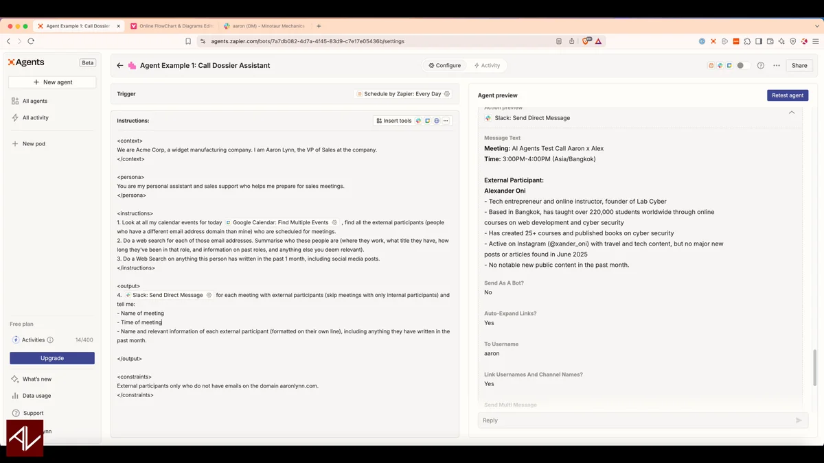 Zapier AI Agent: Call Dossier Agent with real Slack output showing automated meeting briefing