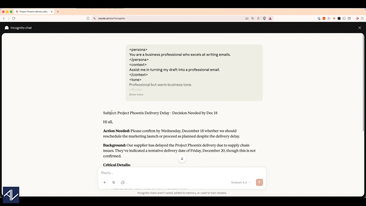 Killer Prompt Structure — 8-part XML format: Persona, Context, Tone, Input Format, Examples, Task, Constraints, Response Format