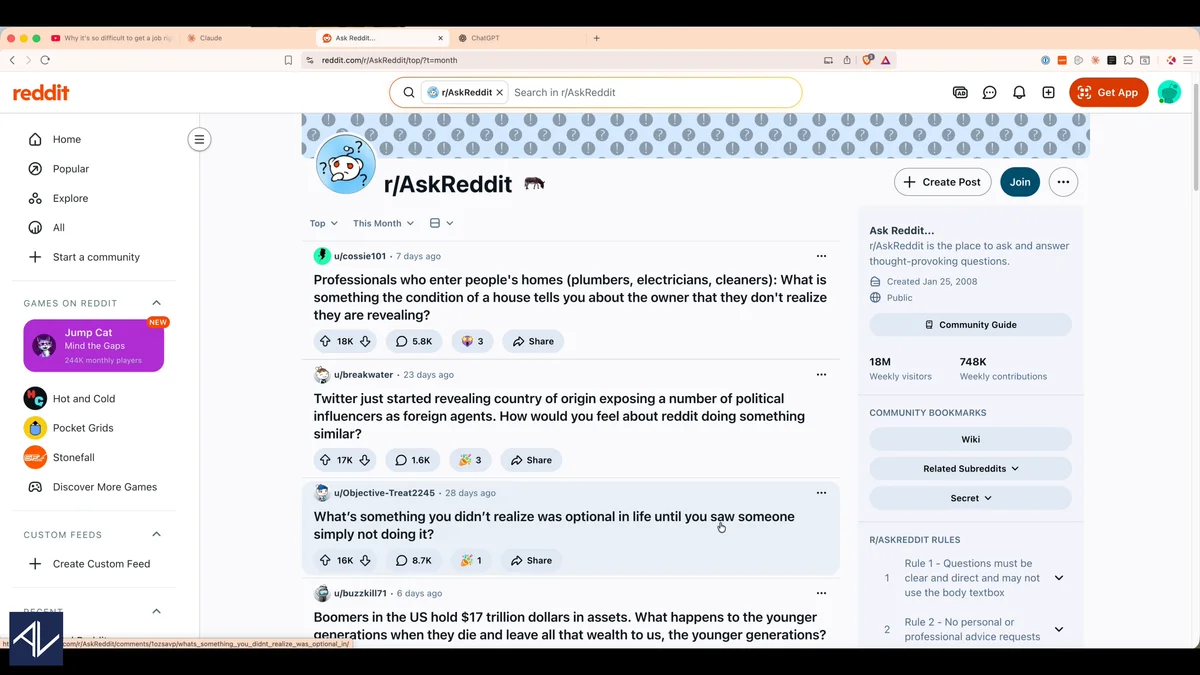 Reddit thread transformed into interactive React artifact with category filters and sorting