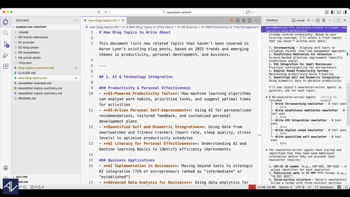 Claude Code parallel subagents — VS Code split view with multiple AI agents running simultaneously