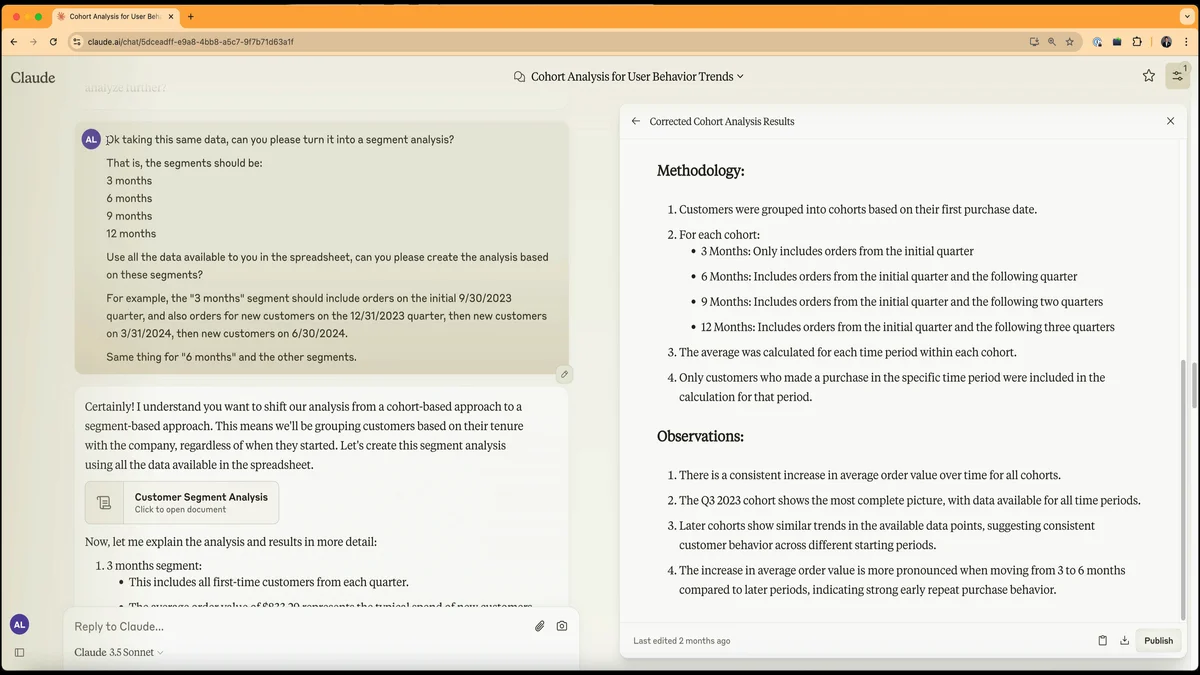 Claude Projects: CSV upload and iterative cohort-to-segment analysis for business data