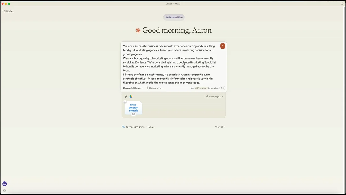 Strategic Decision Making with AI: Claude screencast showing multi-step hiring analysis