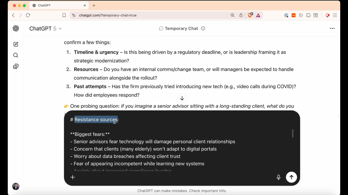 Change Management Agent: Change Equation (D×V×F>R) with stakeholder communication matrix