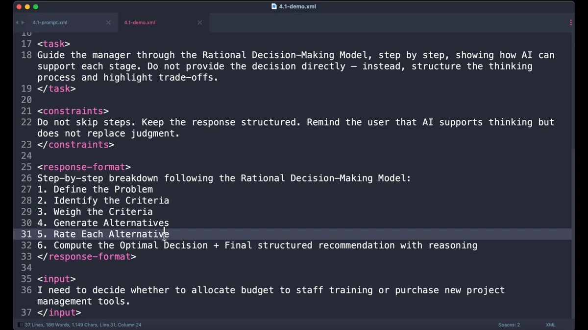 Rational Decision-Making Model: weighted criteria with scored alternatives and computed optimal decision