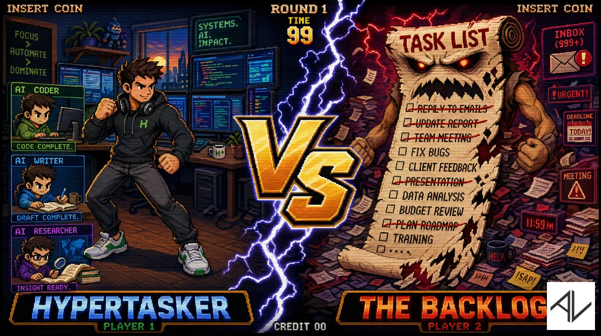 16-bit arcade versus screen: "Hypertasker" player one, backed by AI coder, writer and researcher panels marked complete, faces off against "The Backlog" player two — a fanged monster made of an overflowing task list with a 999+ inbox and urgent deadline alerts
