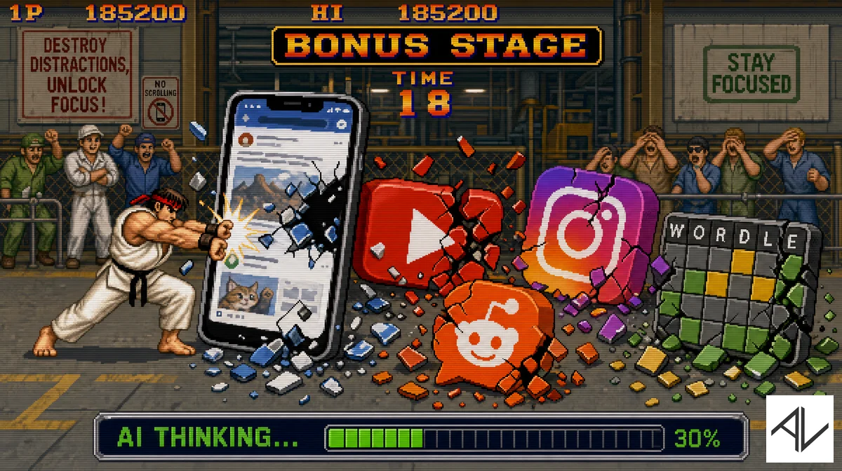 16-bit Street Fighter-style bonus stage: a fighter smashes a smartphone and the YouTube, Instagram, Reddit and Wordle icons to rubble beneath "destroy distractions, unlock focus" and "stay focused" signs, while an "AI thinking… 30%" progress bar loads below