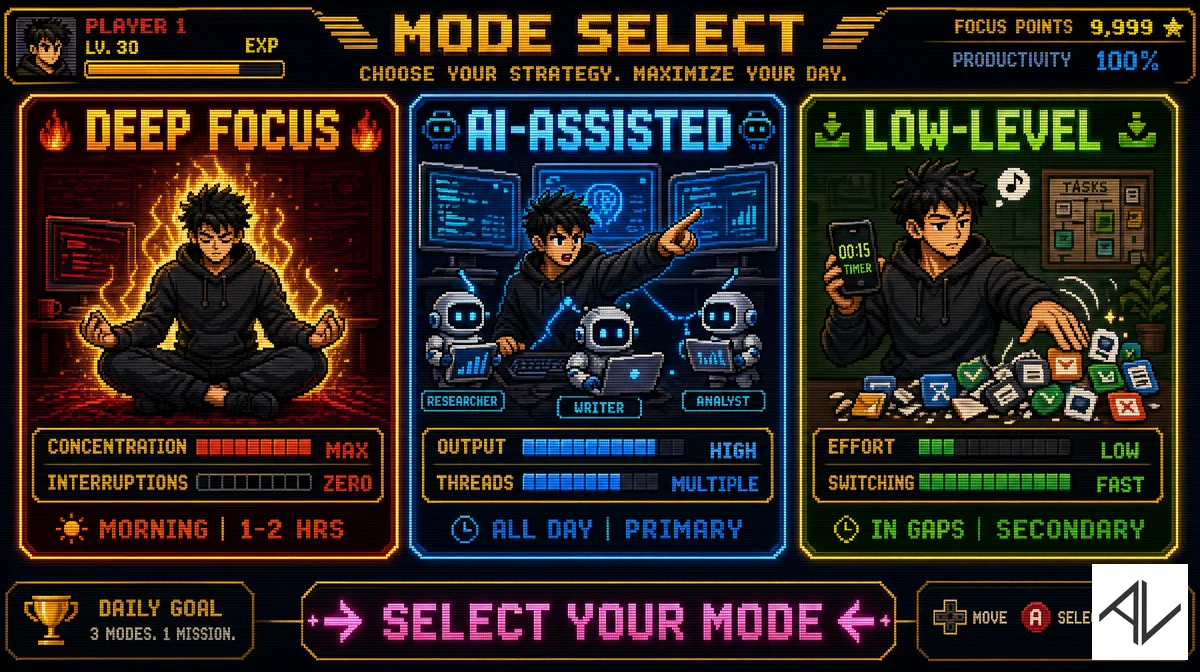 16-bit arcade "Mode Select" screen with three daily modes — Deep Focus (a figure meditating in flames), AI-Assisted (directing researcher, writer and analyst robots), and Low-Level tasks cleared in the gaps