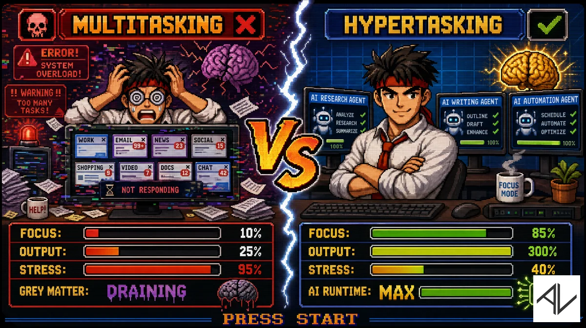 16-bit versus screen comparing multitasking (a panicking worker, system-overload errors, focus 10%, stress 95%, grey matter draining) with hypertasking (a calm worker backed by AI agents, focus 85%, output 300%, stress 40%)