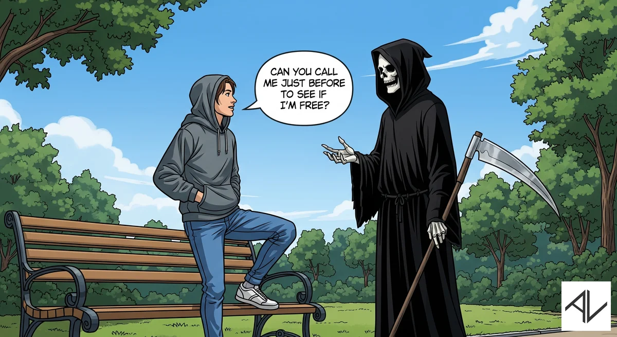 A comic-style illustration of a young man in a park telling a hooded, scythe-carrying Grim Reaper, via a speech bubble, "Can you call me just before to see if I'm free?"