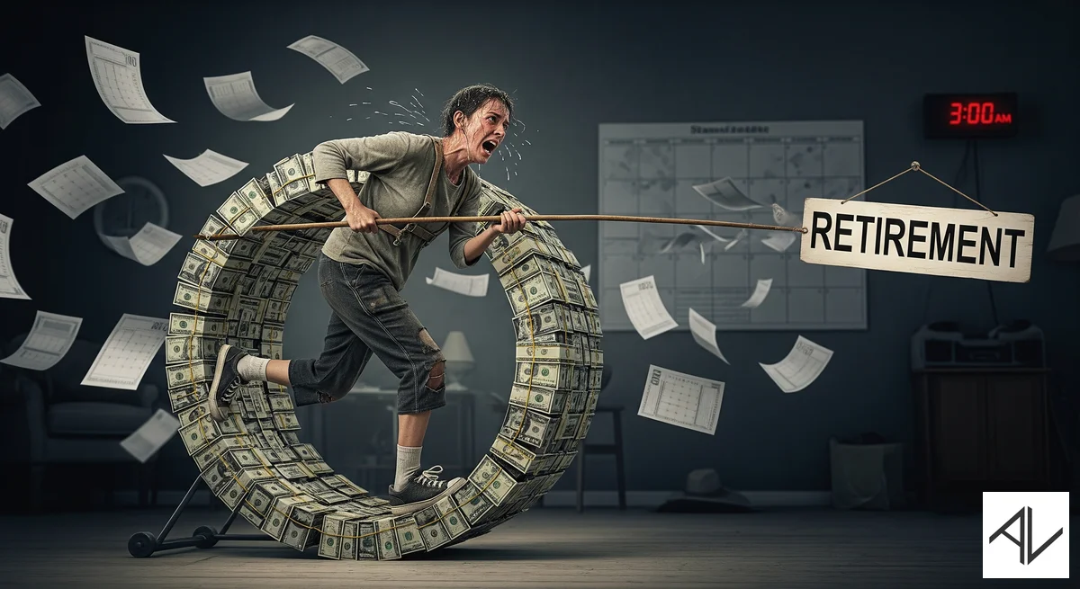 An exhausted woman in torn clothes sprints inside a giant hamster wheel built from bundled dollar bills, chasing a "RETIREMENT" sign strapped to her own back as calendar pages fly around a dim room and a clock reads 3:00 AM.