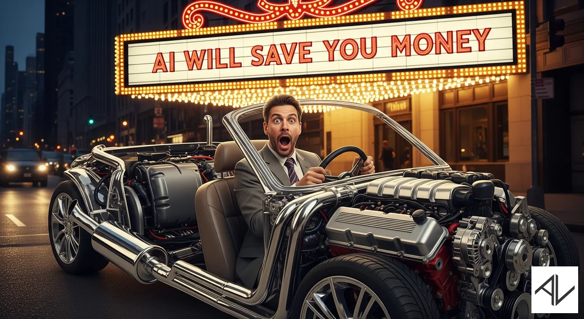 A comically shocked businessman in a suit grips the steering wheel of a car stripped down to just its engine, pipes and wheels, parked under a glowing Broadway-style marquee reading "AI Will Save You Money".