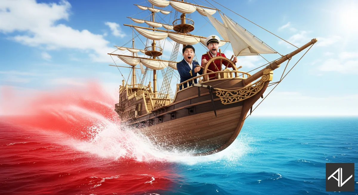 A cartoon-style wooden sailing ship with two wide-eyed captains at the wheel, comically leaping out of a blood-red sea into clear blue water.