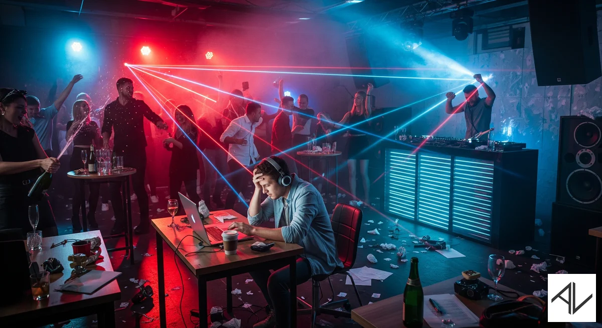 A man in headphones hunched over a laptop at a desk, trying to work while a full nightclub rages around him with laser lights, a DJ booth, and people dancing and popping champagne.