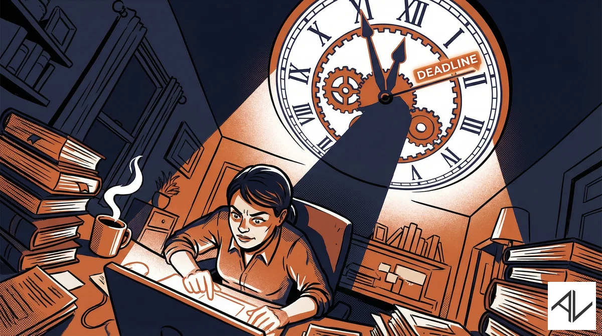 Graphic-novel-style illustration in navy and burnt orange of a focused worker hunched over a glowing laptop at a cluttered desk, with a giant clock marked "DEADLINE" looming overhead and casting a spotlight beam down on them.