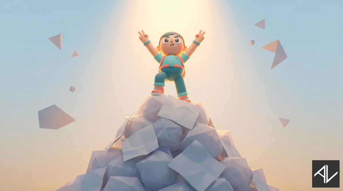 Stylised 3D character in a teal outfit standing triumphantly with arms raised atop a mountain of crumpled paper attempts, lit by a warm sunbeam.