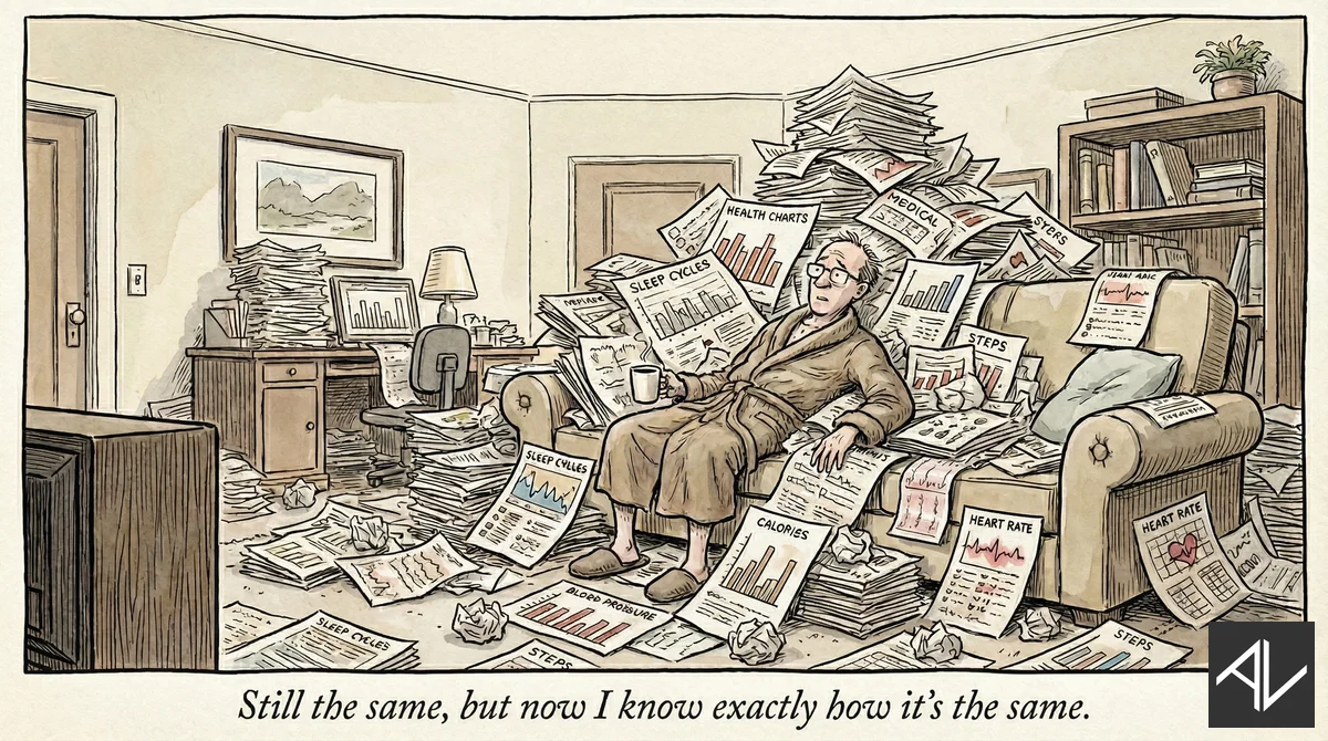 Watercolour cartoon of a weary man in a bathrobe slumped in an armchair, buried under towering piles of printed health charts labelled sleep cycles, heart rate, steps and calories.