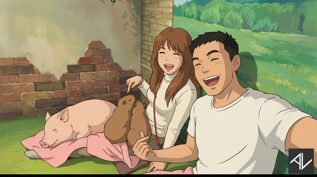 Studio Ghibli-style illustration of a laughing couple taking a selfie on a grassy hillside, with a sleeping pig and a capybara resting on a pink blanket beside them.