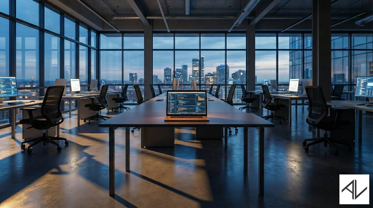 An empty open-plan office at dusk with rows of vacant chairs and a single glowing laptop running code and dashboards on a long central desk, a city skyline visible through floor-to-ceiling windows.