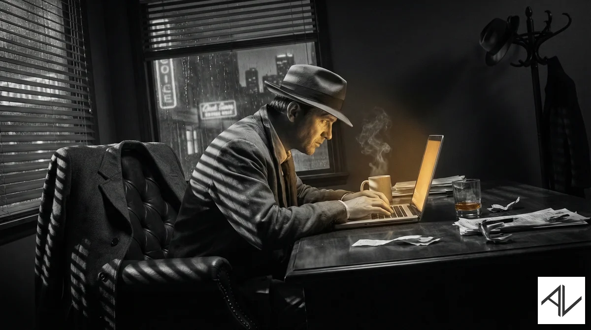Film-noir photograph of a man in a fedora and suit hunched over a glowing laptop in a dark office at night, steam rising from a coffee mug, venetian-blind shadows across the room and a rain-streaked window with city neon behind him.