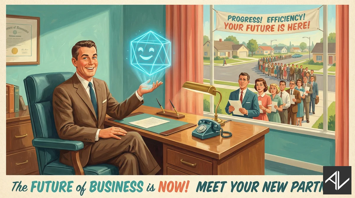 Retro 1950s-style advertising illustration of a smiling businessman at his desk presenting a glowing blue AI hologram, with a banner reading "Progress! Efficiency! Your future is here!" and a long line of worried job-seekers holding resumes visible through the window.