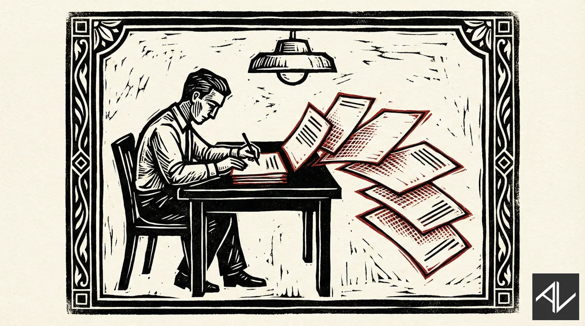 Bold black-and-red linocut print of a man in shirtsleeves writing at a desk while five printed document pages fan outward beside him, framed by a decorative carved border.