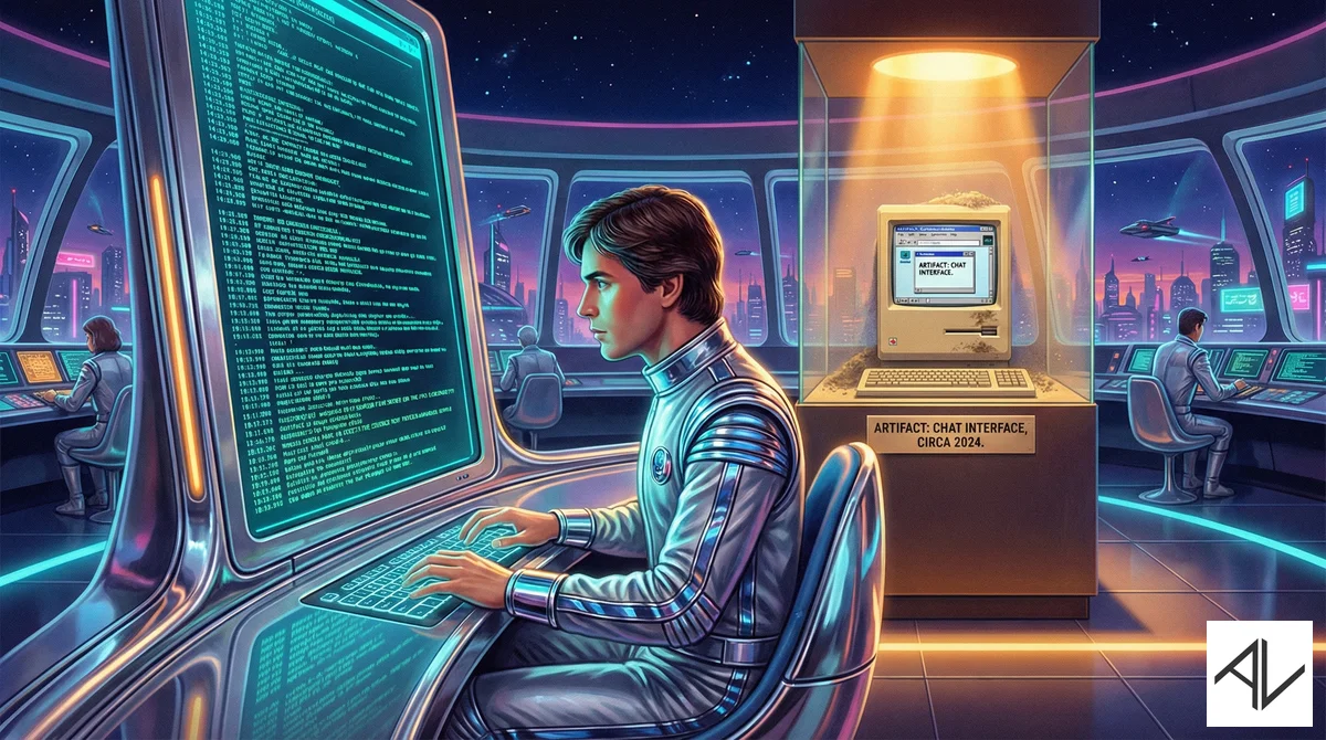 Retrofuturistic illustration of a person in a silver jumpsuit at a chrome console reading glowing cyan terminal text, with an old desktop computer displayed in a lit museum case labelled 'artifact: chat interface, circa 2024'.