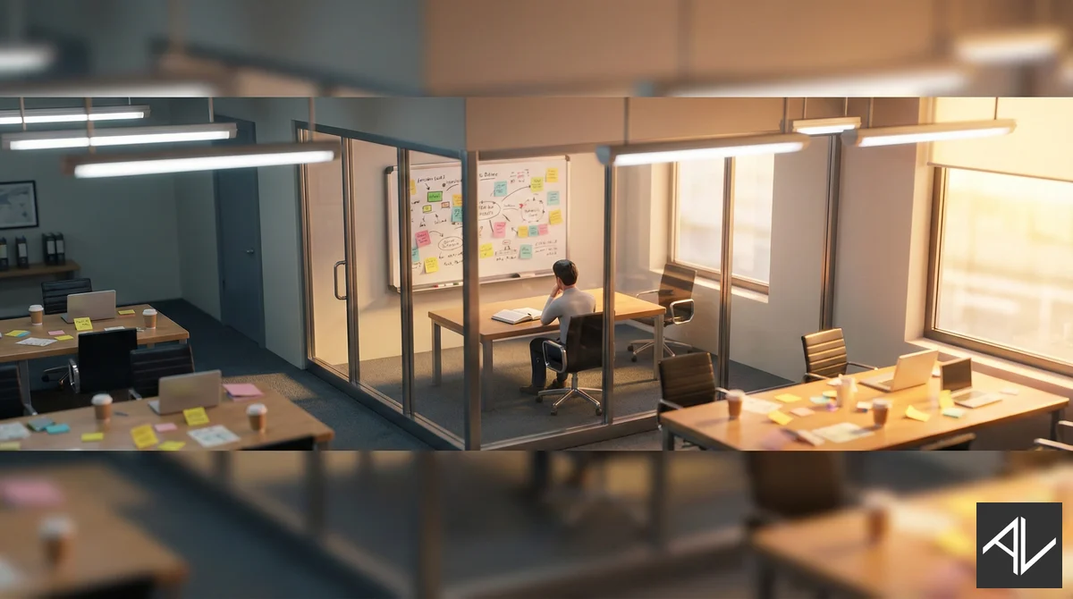 Tilt-shift miniature photo of a man sitting alone with an open notebook in a glass-walled meeting room, a whiteboard covered in project notes and sticky notes behind him, surrounded by empty desks after a finished project.