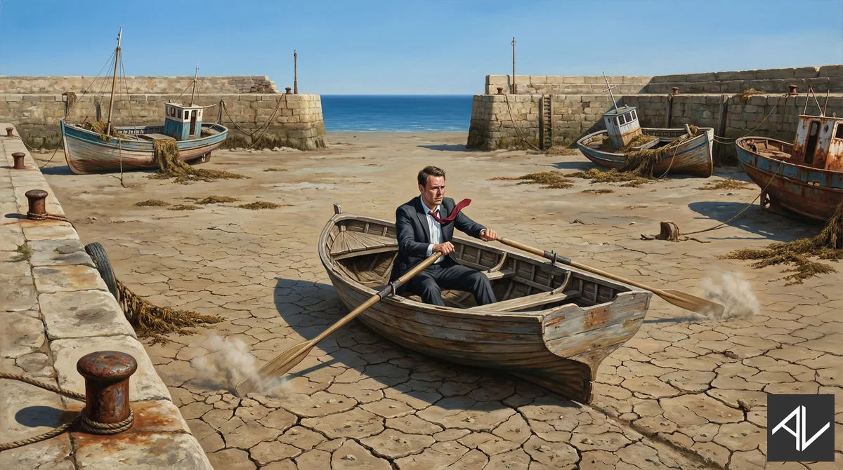 Surrealist painting of a businessman in a suit rowing a small wooden boat across the cracked, bone-dry floor of a drained harbour, with beached fishing boats and the open sea beyond the stone walls.