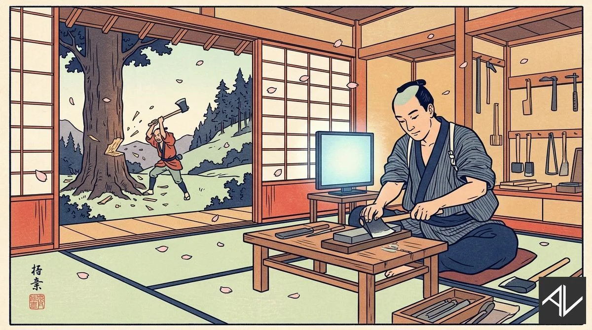 Ukiyo-e woodblock print of a calm craftsman kneeling at a workbench sharpening a blade beside a glowing modern screen, while through the open shoji screen a distant figure wildly swings an axe at a large tree.