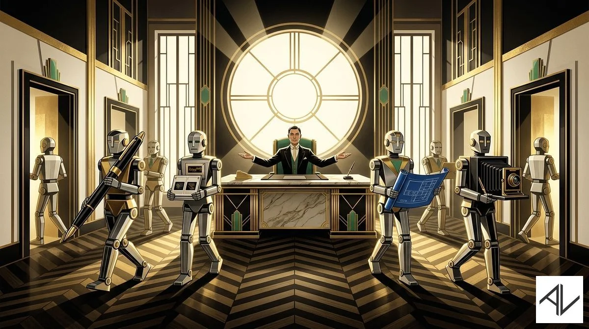 Art Deco poster of a composed executive seated at a grand marble desk with arms spread wide, directing a formation of geometric golden robots carrying tools like a pen, blueprint, and camera radiating outward beneath a large circular window.