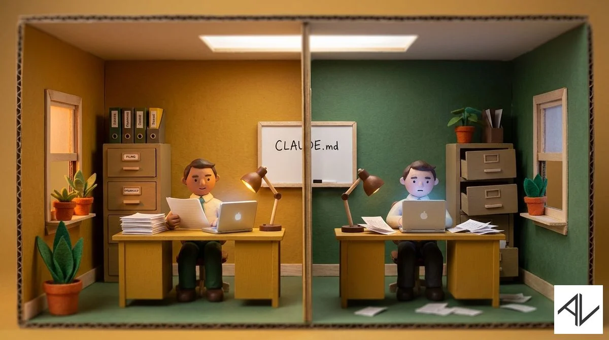 Tilt-shift diorama of a handmade miniature office with two desks: on the left a calm figure reviews neat papers beside an organised filing cabinet, on the right a frazzled figure faces scattered papers and empty drawers, with 'CLAUDE.md' written on a small whiteboard on the dividing wall.