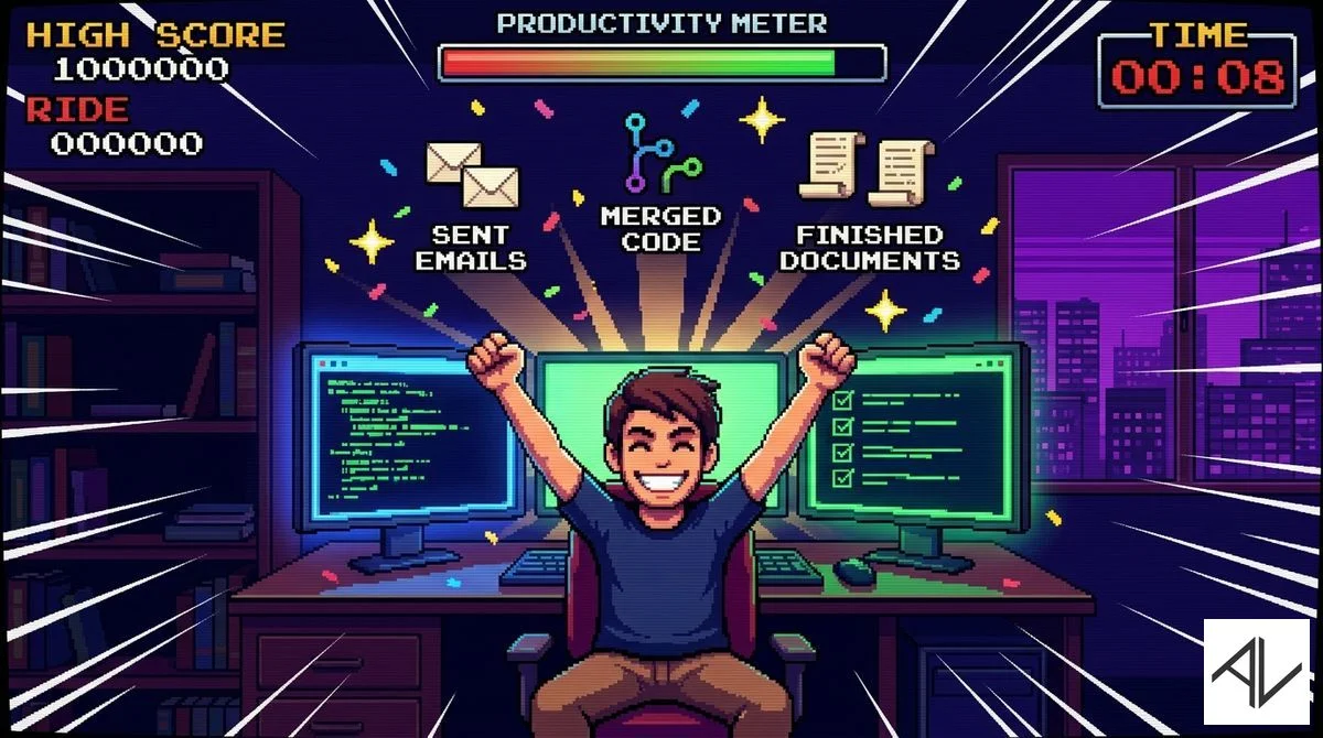 16-bit pixel art of a triumphant worker at a three-monitor arcade-stage workstation, finished tasks floating up like defeated enemies beneath a near-full productivity meter