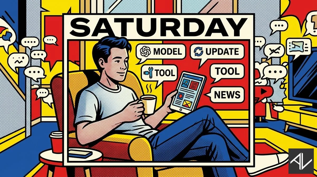 Pop art comic illustration of a man relaxing in an armchair with a coffee, reading a tablet inside a box labelled SATURDAY that neatly contains AI news speech bubbles reading MODEL, UPDATE, TOOL and NEWS, while chaotic smaller bubbles float ignored outside the box.
