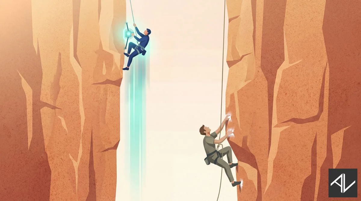 Flat illustration of two climbers in a canyon: one in a blue suit ascending rapidly on a glowing teal AI-powered device, the other in grey climbing manually with a rope and chalk.