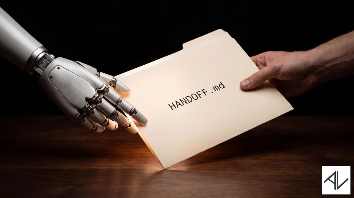 A chrome robotic hand passing a manila file folder labelled 'HANDOFF.md' to a human hand across a dark wooden desk, lit by a warm glow from the folder.