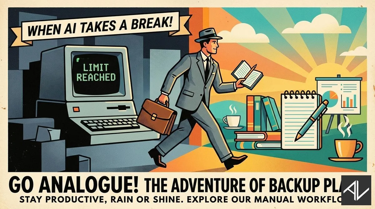 Retro-styled vintage travel poster showing a suited man in a fedora striding away from an old computer displaying 'LIMIT REACHED' toward a sunlit scene of books, a notepad, and coffee, under a banner reading 'When AI takes a break!'