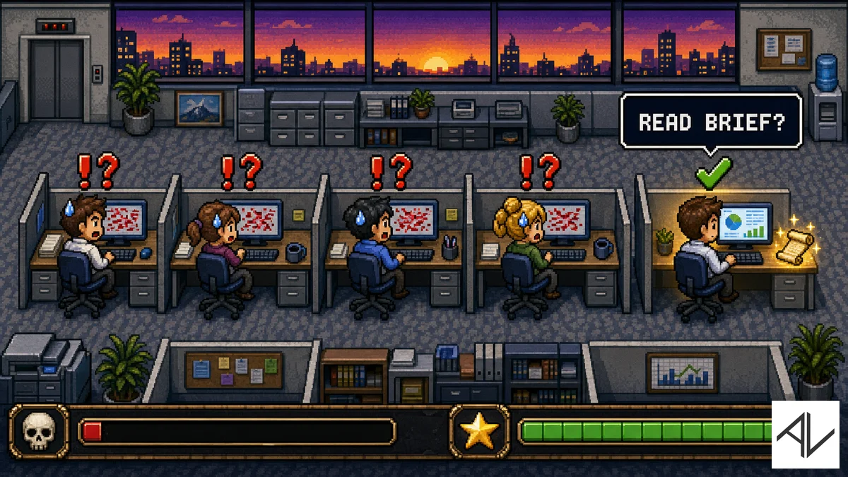 16-bit pixel art of an open-plan office where four workers panic at error-filled screens under red exclamation and question marks, while a fifth worker sits calmly with a green checkmark, a glowing scroll and a clean dashboard beside a READ BRIEF? game prompt.