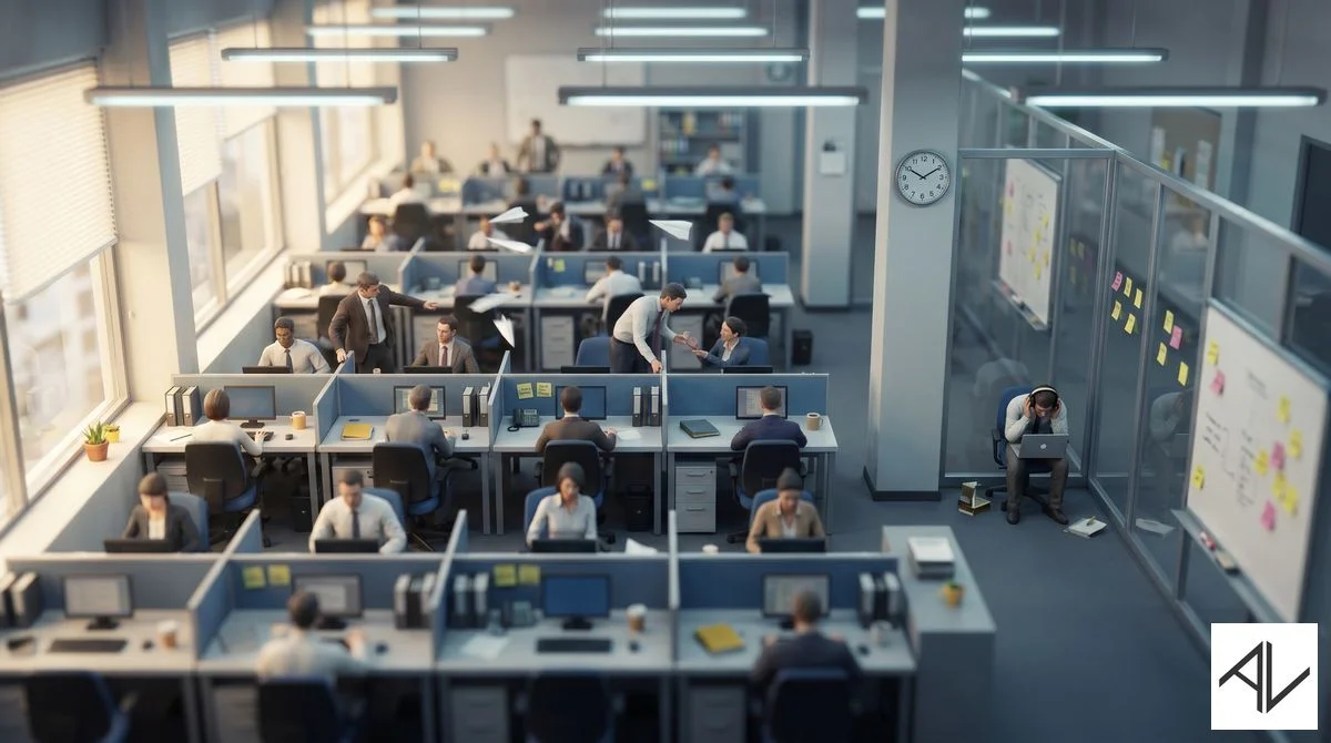 A tilt-shift miniature photo of a crowded open-plan office in full swing — dozens of people busy at cubicles, papers and paper planes in the air, a clock on the wall — while one overwhelmed man sits alone in a glass side office holding his head.