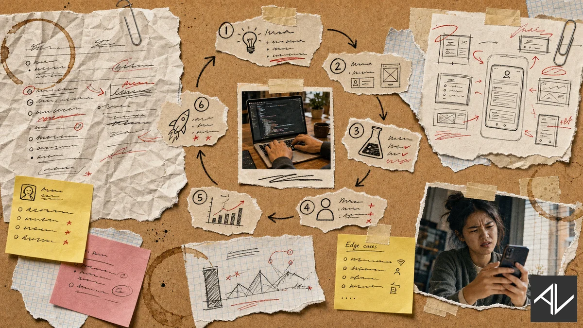 A cork-board collage of torn paper, sticky notes, and hand-drawn wireframes surrounding a small central photo of hands typing on a laptop, mapping the messy multi-step process of building an app with AI.