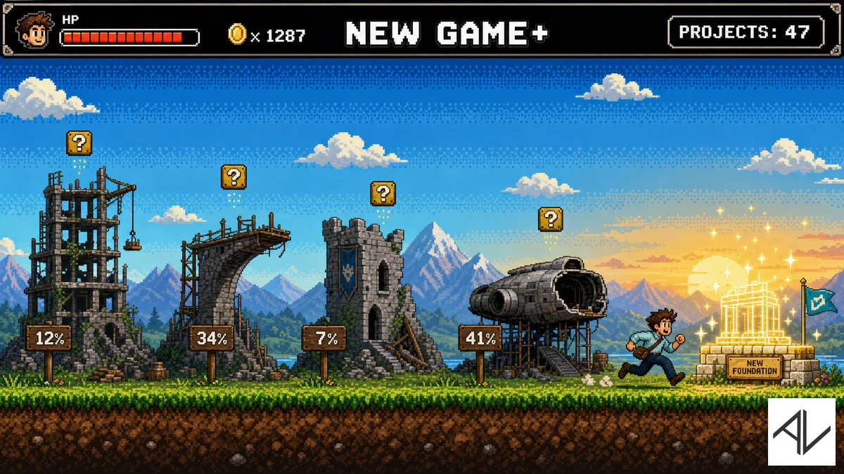 16-bit side-scrolling platformer scene where a business-casual hero runs past four half-built structures marked 12%, 34%, 7% and 41% completion toward a glowing new foundation on the right, with a HUD reading NEW GAME+ and PROJECTS: 47.