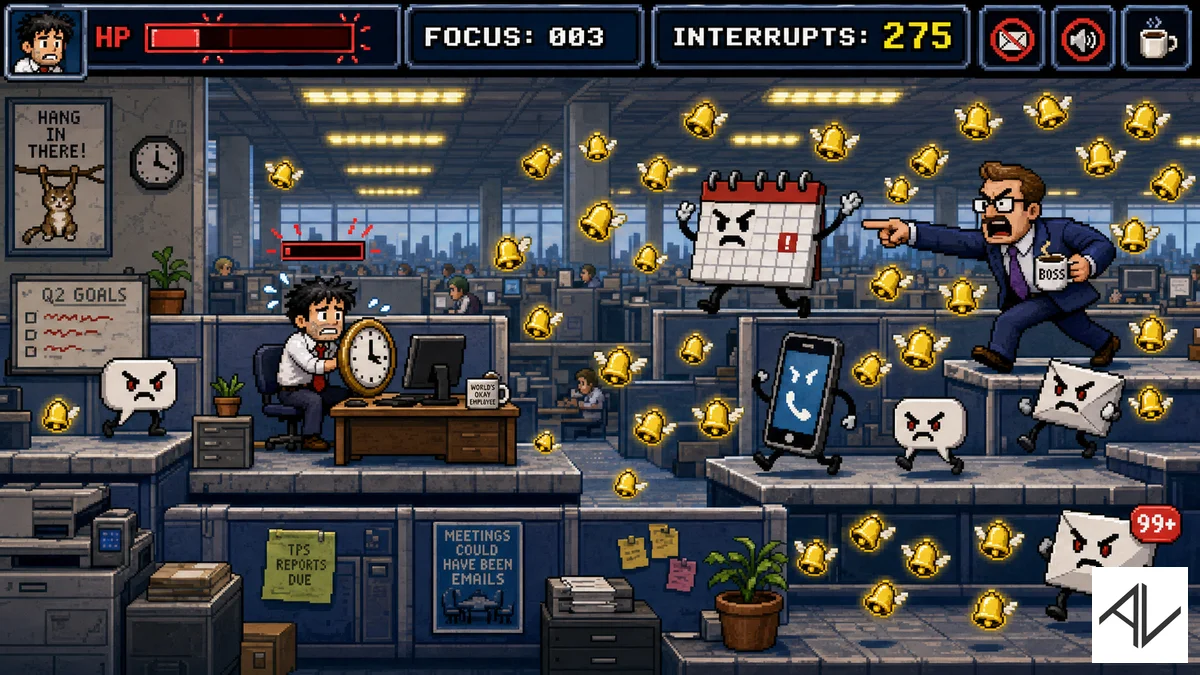 16-bit pixel-art video game scene of an office worker at a desk clutching a clock with a nearly empty health bar, swarmed by winged notification bells and cartoon enemy sprites — an angry calendar, a phone, envelopes, and a shouting boss — under a HUD reading FOCUS 003 and INTERRUPTS 275.