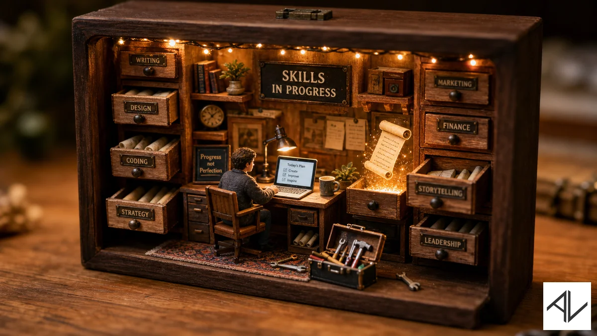 A handcrafted miniature diorama of a tiny desk and figure surrounded by small labelled drawers holding tiny paper scrolls, with one glowing scroll hovering above an open drawer, representing stored AI skills.