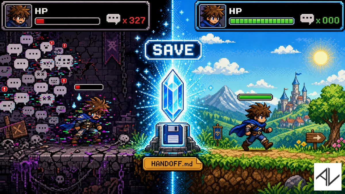 16-bit pixel-art RPG scene: an exhausted, glitching hero with a near-empty HP bar on the left, a glowing save-point crystal tagged HANDOFF.md in the centre, and the same hero restored with a full HP bar striding into a fresh level on the right.