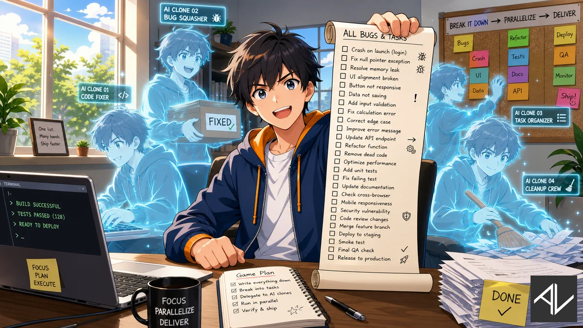 Anime-style office worker holding an unfurled checklist scroll while several glowing translucent AI clones each tackle a different task in parallel around them.