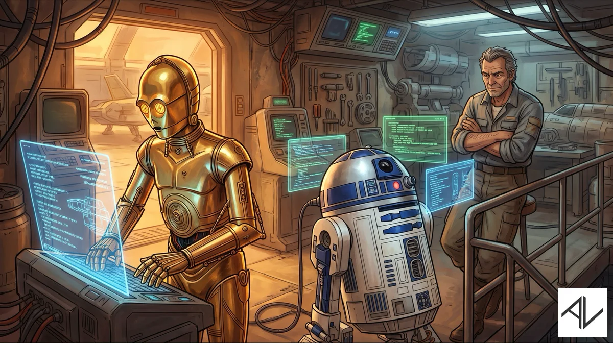 C-3PO and R2-D2 busily producing work at holographic terminals while a calm, experienced human operator assesses their output — droids can do, only the human can think.