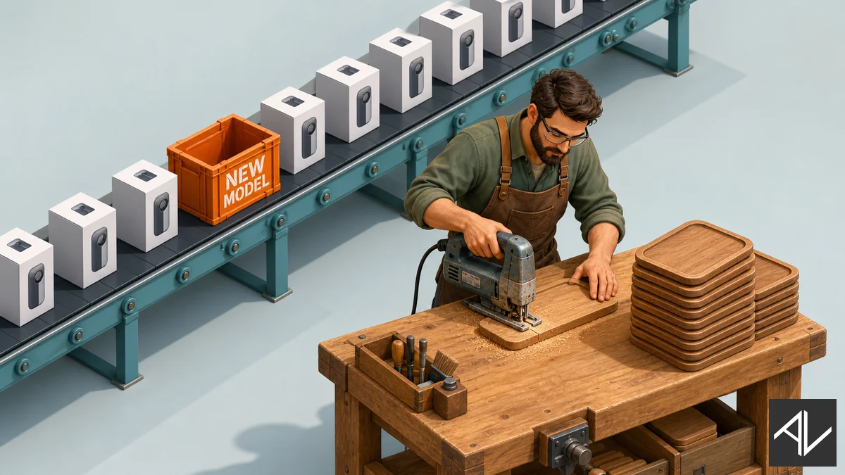 Isometric 3D scene of a craftsperson mastering one well-worn power tool at a tidy workbench while a conveyor belt of shiny identical new gadgets, one crate tagged NEW MODEL, rolls past ignored.