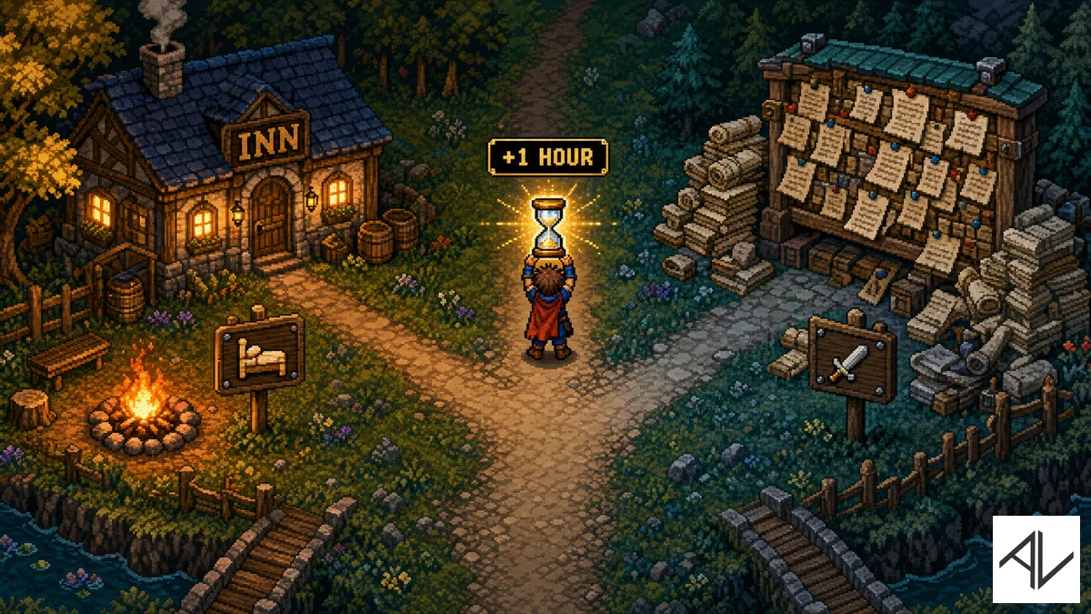 16-bit JRPG scene: a hero holding a glowing +1 HOUR reward item stands at a fork — one path leads to a cosy save-point inn to rest, the other back to an overflowing quest board — deciding, on purpose, where the saved time goes.