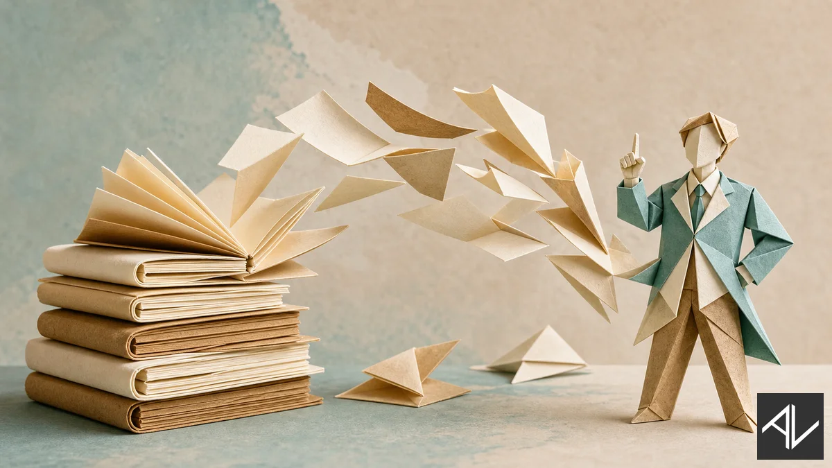 Papercraft scene: a stack of folded paper journals on the left, pages lifting and unfolding through the air, reassembling into a small origami human figure of a coach on the right who gestures thoughtfully.
