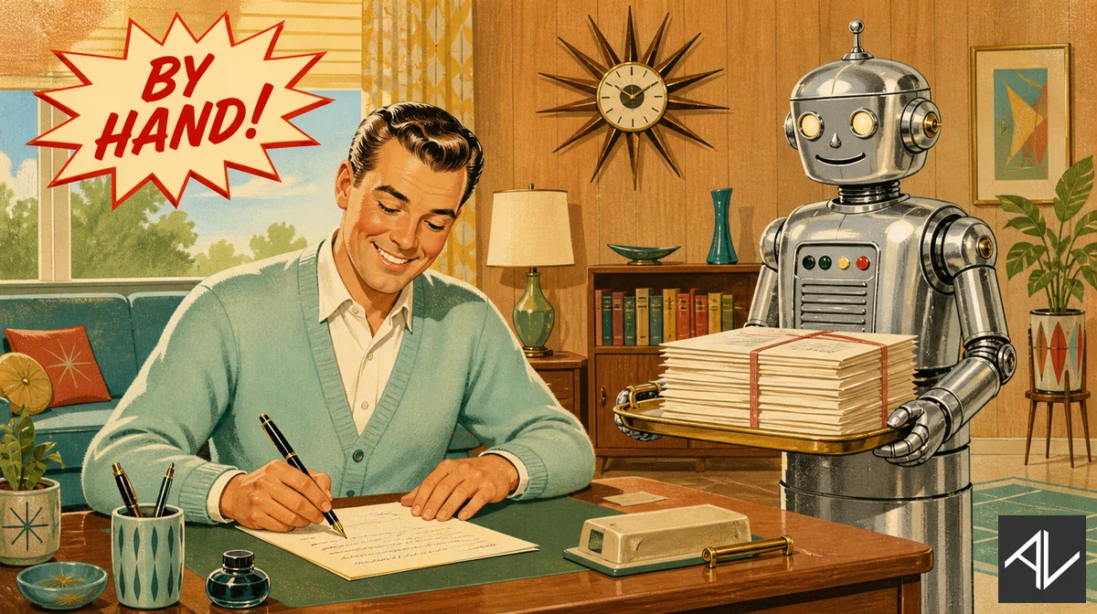 1950s advertising-style illustration of a cheerful person happily writing a letter by fountain pen at a mid-century desk while a friendly chrome retro robot waits beside them holding a tray of neatly finished admin paperwork.