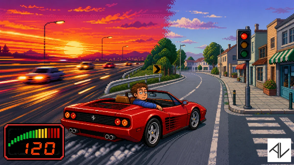 16-bit retro arcade racing scene: a sports car sweeps off a blurred high-speed motorway onto a sleepy town exit road, the HUD speedometer still reading 120 while the driver looks unimpressed.